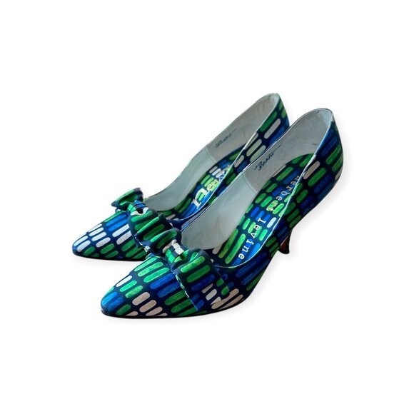 Vintage Herbert Levine Pumps |1960s Mod| Blue Green Geometric, Bow | Size 5.5A - Picture 2 of 14